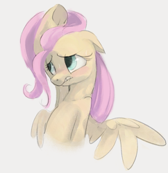 Size: 909x939 | Tagged: safe, artist:dotkwa, fluttershy, pegasus, pony, g4, arm behind head, armpits, blushing, bust, female, floppy ears, frog (hoof), gray background, lip bite, mare, one wing out, simple background, solo, sweat, underhoof, wings