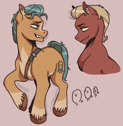 Size: 1996x2048 | Tagged: safe, artist:citruszzz, hitch trailblazer, sprout cloverleaf, earth pony, pony, g5, my little pony: a new generation, looking at each other, male, raised hoof, ship:clovertrail, shipping, simple background, smiling, smiling at each other, stallion