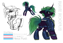 Size: 992x679 | Tagged: safe, artist:inspiredpixels, oc, oc only, oc:rave roofus, pony, unicorn, clothes, curved horn, horn, jacket, leather jacket, male, nose piercing, nose ring, piercing, pride, pride flag, reference sheet, simple background, solo, trans male, transgender, transgender pride flag, transparent background