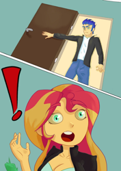 Size: 764x1081 | Tagged: safe, artist:vsma8, part of a set, flash sentry, sunset shimmer, equestria girls, g4, breasts, busty sunset shimmer, comic, exclamation point, female, male, ship:flashimmer, shipping, straight