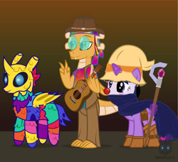 Size: 1385x1265 | Tagged: safe, artist:wheatley r.h., derpibooru exclusive, oc, oc only, oc:myoozik the dragon, oc:twi clown, oc:w. rhinestone eyes, changeling, dragon, piñata pony, pony, unicorn, g4, black mage, changeling oc, clone, clothes, clown makeup, costume, dragon oc, female, folded wings, glasses, glowing, glowing horn, gradient background, guitar, hat, hippie, horn, magic, male, mare, musical instrument, pants, piñata, round glasses, scepter, shirt, stallion, unicorn oc, vector, watermark, wings