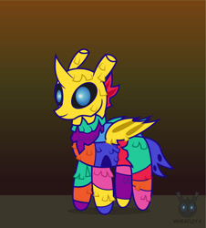 Size: 1143x1265 | Tagged: safe, artist:wheatley r.h., derpibooru exclusive, oc, oc only, oc:w. rhinestone eyes, changeling, piñata pony, changeling oc, clothes, costume, cute, folded wings, gradient background, piñata, vector, watermark, wings