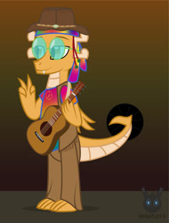 Size: 963x1265 | Tagged: safe, artist:wheatley r.h., derpibooru exclusive, oc, oc only, oc:myoozik the dragon, dragon, clothes, costume, dragon oc, folded wings, glasses, gradient background, guitar, hat, hippie, male, musical instrument, pants, round glasses, shirt, vector, watermark, wings