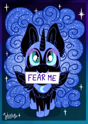 Size: 1920x2716 | Tagged: safe, artist:julunis14, nightmare moon, alicorn, pony, armor, chest fluff, cute, cute little fangs, digital, ear fluff, ethereal mane, fangs, female, filly, fluffy mane, fluffy tail, moonabetes, mouth hold, nightmare woon, sign, signature, small wings, starry mane, tail, wings