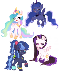 Size: 3180x3810 | Tagged: safe, artist:winnievincent, princess celestia, princess luna, alicorn, pony, g4, 80s princess luna, alternate hairstyle, angry, crown, cute, female, heart eyes, high res, jewelry, mare, open mouth, ponytail, punklestia, regalia, royal sisters, siblings, simple background, sisters, smiling, white background, wingding eyes