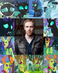 Size: 4096x5120 | Tagged: safe, edit, edited screencap, screencap, crystal hoof, discord, ocellus, pharynx, princess celestia, princess luna, spike, thorax, changedling, changeling, human, celestial advice, g4, the ending of the end, the times they are a changeling, to where and back again, absurd resolution, baby, birthday, clothes, collage, disguise, disguised changeling, hat, irl, irl human, jacket, king thorax, kyle rideout, leather jacket, newborn, offscreen character, photo, prince pharynx, royal guard, trixie's hat, voice actor