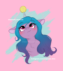 Size: 890x1003 | Tagged: safe, artist:stepandy, izzy moonbow, pony, unicorn, g5, my little pony: a new generation, abstract background, ball, blushing, bust, colored sketch, cute, female, floppy ears, horn, hornball, izzy's tennis ball, izzybetes, looking up, mare, simple background, solo, tennis ball, watermark