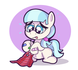 Size: 504x454 | Tagged: safe, artist:cookieboy011, coco pommel, earth pony, pony, g4, bandage, belly button, cute, female, filly, filly coco pommel, sewing, solo, tongue out
