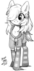 Size: 525x1081 | Tagged: safe, artist:opossum_imoto, oc, oc only, oc:sweetiemilk, earth pony, pony, clothes, ear piercing, female, gauges, grayscale, hair over one eye, mare, monochrome, piercing, simple background, smiling, socks, solo, striped socks, sweater, white background