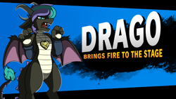 Size: 1920x1080 | Tagged: safe, artist:moonrunes, part of a set, oc, oc only, oc:drago, dragon, barely pony related, commission, parody, solo, splash art, super smash bros., title card, video game, ych result