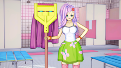 Size: 1920x1080 | Tagged: safe, artist:ratachu666, fluttershy, equestria girls, g4, 3d, angry, breasts, busty fluttershy, clothes, cross-popping veins, equestria girls outfit, female, fluttermop, fluttershy is not amused, koikatsu, meme, mop, offended, skirt, solo, unamused
