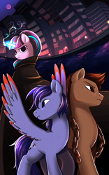 Size: 1600x2560 | Tagged: safe, artist:syrupyyy, starlight glimmer, oc, oc:crystal skies, earth pony, pegasus, pony, unicorn, fanfic:love friendship and gangsters, g4, earth pony oc, eyebrows, eyebrows visible through hair, fanfic, fanfic art, fanfic cover, female, frown, glowing, glowing horn, high res, horn, looking back, magic, magic aura, male, mare, pegasus oc, s5 starlight, spread wings, stallion, trio, wings