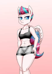 Size: 1200x1700 | Tagged: safe, artist:zachc, zipp storm, pegasus, anthro, g5, my little pony: a new generation, abs, belly button, breasts, clothes, female, hand on hip, looking at you, shorts, simple background, solo, sports bra, sports shorts