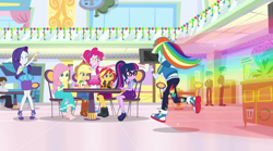Size: 1920x1069 | Tagged: safe, screencap, applejack, fluttershy, pinkie pie, rainbow dash, rarity, sci-twi, sunset shimmer, twilight sparkle, dashing through the mall, equestria girls, equestria girls specials, g4, my little pony equestria girls: better together, my little pony equestria girls: holidays unwrapped, converse, humane five, humane seven, humane six, shoes