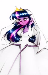 Size: 2286x3545 | Tagged: safe, artist:liaaqila, twilight sparkle, human, equestria girls, g4, bashful, blushing, bride, clothes, crown, dress, female, gown, high res, jewelry, regalia, simple background, solo, traditional art, wedding dress, wedding veil, white background
