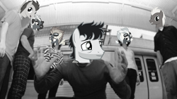 Size: 1920x1080 | Tagged: safe, artist:theboognish, edit, meadow song, misty fly, soarin', spitfire, thunderlane, human, pony, anthro, g4, band, crescent moon, female, irl, irl human, male, mare, moon, photo, photo edit, ponies in real life, stallion, wonderbolts