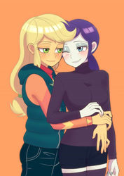 Size: 2894x4093 | Tagged: safe, artist:haibaratomoe, applejack, rarity, equestria girls, g4, alternate hairstyle, blushing, clothes, cute, duo, eyebrows, eyebrows visible through hair, eyeshadow, female, grin, high res, hug, jackabetes, jeans, lesbian, looking at each other, makeup, one eye closed, orange background, pants, raribetes, ship:rarijack, shipping, shorts, simple background, smiling, smiling at each other, stockings, sweater, thigh highs, wink