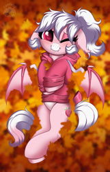 Size: 2580x4000 | Tagged: safe, artist:confetticakez, oc, oc only, oc:cream puff, bat pony, pony, autumn, autumn leaves, bat pony oc, clothes, female, hoodie, leaf, leaves, looking at you, one eye closed, smiling, solo, spread wings, wings