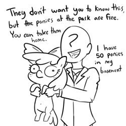 Size: 3300x3300 | Tagged: safe, artist:tjpones, apple bloom, oc, oc:anon, earth pony, human, pony, g4, belly button, black and white, dialogue, duo, female, filly, grayscale, high res, holding a pony, implied kidnapping, male, meme, monochrome, open mouth, open smile, ponified meme, simple background, smiling, story in the comments, thousand yard stare, white background