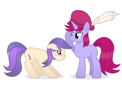 Size: 2970x2100 | Tagged: safe, artist:candy meow, oc, oc only, oc:ellowee, oc:prologue, earth pony, pony, unicorn, legends of equestria, :t, annoyed, blushing, clothes, crouching, digital art, duo, earth pony oc, feather, feathered hat, female, game, hat, hat thief, high res, horn, looking at each other, looking up, male, mane, mare, mascot, shadow, show accurate, simple background, smiling, smug, stallion, standing, stolen clothes, tail, transparent background, two toned mane, two toned tail, unicorn oc, video game