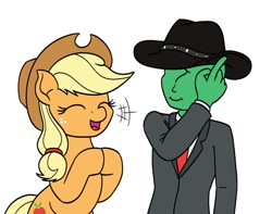 Size: 1270x1000 | Tagged: safe, artist:mkogwheel, applejack, oc, oc:anon, earth pony, human, pony, g4, applejack's hat, bipedal, cowboy hat, cute, duo, eyes closed, female, hat, hooves together, jackabetes, male, mare, open mouth, open smile, simple background, smiling, stetson, white background