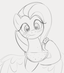 Size: 792x913 | Tagged: safe, artist:dotkwa, fluttershy, pegasus, pony, g4, blushing, cute, female, food, gray background, grayscale, herbivore, mare, monochrome, salt, shyabetes, simple background, sketch, solo, tongue out, watermelon