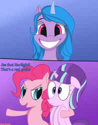 Size: 2330x2952 | Tagged: safe, artist:bestponies, izzy moonbow, pinkie pie, starlight glimmer, earth pony, pony, unicorn, g4, g5, my little pony: a new generation, the cutie map, cute, female, high res, s5 starlight, smiling