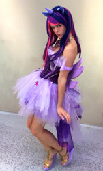 Size: 1024x1697 | Tagged: safe, artist:theandromac, twilight sparkle, human, g4, 2015, bare shoulders, clothes, cosplay, costume, dragoncon, duckface, female, irl, irl human, photo, solo