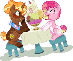 Size: 1048x872 | Tagged: safe, artist:rickysocks, cheese sandwich, pinkie pie, pony, unicorn, g4, alternate design, base used, duo, female, food, ice cream, male, race swap, ship:cheesepie, shipping, simple background, straight, transgender, transparent background