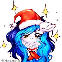 Size: 1597x1601 | Tagged: safe, artist:krissstudios, oc, oc only, pony, bust, christmas, female, hat, holiday, mare, portrait, santa hat, simple background, solo, white background