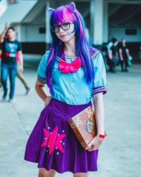 Size: 1080x1351 | Tagged: safe, artist:flutterbutter cosplay, twilight sparkle, human, g4, book, book of harmony, clothes, cosplay, costume, female, glasses, irl, irl human, photo