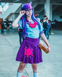 Size: 1080x1351 | Tagged: safe, artist:flutterbutter cosplay, twilight sparkle, human, g4, clothes, cosplay, costume, female, glasses, irl, irl human, photo, socks