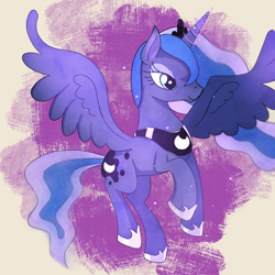 Size: 1080x1080 | Tagged: source needed, safe, artist:杏银花开, princess luna, alicorn, pony, g4, clothes, eyeshadow, female, flowing mane, flying, jewelry, makeup, mare, regalia, shoes, smiling, solo, tiara