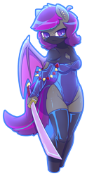 Size: 666x1340 | Tagged: safe, artist:afkregen, oc, oc only, bat pony, anthro, unguligrade anthro, bat pony oc, bat wings, breasts, clothes, digital art, female, leotard, looking at you, mask, pose, samurai, simple background, solo, stockings, suit, tail, thigh highs, thighs, transparent background, wings