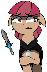 Size: 997x1500 | Tagged: safe, artist:darksoma, oc, oc only, oc:mira star, earth pony, pony, cape, clothes, earth darksider, female, filly, floating knife, knife, panicking, simple background, solo, species:darksider, the darksiders, transparent background, void crystal, younger