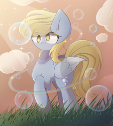 Size: 1800x2000 | Tagged: safe, artist:miryelis, derpy hooves, pegasus, pony, g4, background pony, bubble, cloud, cute, derp, female, field, grass, rainbow, sky, smiling, solo, stare