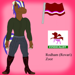 Size: 2900x2900 | Tagged: safe, hybrid, anthro, plantigrade anthro, boots, clothes, community related, design, flag, hair, heeled boots, hidden eyes, high res, male, pants, pink, political cartoon, rodham, rovari, shoes, solo, vest, zoor