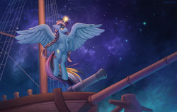 Size: 1280x812 | Tagged: safe, alternate version, artist:margony, oc, oc only, alicorn, pony, alicorn oc, boat, braid, cannon, digital art, female, flying, glowing, glowing horn, horn, mare, night, ship, sky, solo, space, spread wings, stars, tail, wings