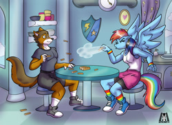 Size: 1280x931 | Tagged: safe, artist:mlock, rainbow dash, oc, pegasus, wolf, anthro, g4, breasts, canon x oc, clothes, commission, converse, digital art, duo, eyes closed, female, fetish, furry, furry oc, jenga, male, shirt, shoes, shorts, sitting, sneezing, sneezing fetish, socks, spread wings, straight, tail, wings