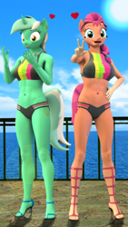 Size: 2160x3840 | Tagged: safe, artist:dawnyr, artist:dawnyrs, lyra heartstrings, sunny starscout, earth pony, unicorn, anthro, g4, g5, my little pony: a new generation, 3d, belly button, bikini, breasts, busty lyra heartstrings, busty sunny starscout, clothes, duo, duo female, feet, female, g5 to g4, generation leap, hand on hip, high heels, high res, nexgen, open-toed shoes, peace sign, shoes, source filmmaker, sports bra, sports swimsuit, swimsuit, toes