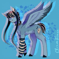 Size: 1024x1024 | Tagged: safe, artist:brot-art, oc, pegasus, pony, abstract background, bangs, choker, clothes, concave belly, leg warmers, long bangs, male, pale belly, pegasus oc, sidebangs, spiked choker, spread wings, stallion, wings