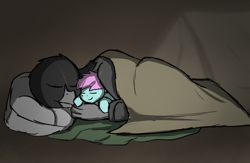 Size: 2190x1431 | Tagged: safe, artist:somber, oc, oc only, oc:dummy, earth pony, griffon, pony, fallout equestria, bed, cuddling, cute, female, griffon oc, male, pillow, snuggling