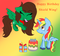Size: 1400x1299 | Tagged: safe, artist:madlilon2051, oc, oc only, oc:shield wing, alicorn, pony, abstract background, alicorn oc, base used, cake, duo, eyelashes, food, happy birthday, horn, male, party horn, present, smiling, stallion, wings