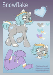 Size: 2894x4093 | Tagged: safe, artist:snowflake_pone, oc, oc only, oc:snowflake, pony, unicorn, clothes, crystal heart, description, female, glasses, gradient background, heart, hoodie, looking at you, multicolored mane, no pupils, reference sheet, short hair, short tail, smiling, solo, tail