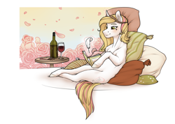 Size: 2000x1426 | Tagged: safe, artist:royvdhel-art, oc, oc only, oc:crystal wishes, pony, alcohol, book, female, glowing, glowing horn, horn, magic, mare, pillow, quill, reading, sitting, smiling, telekinesis, wine