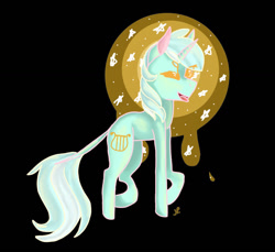 Size: 1024x939 | Tagged: safe, artist:shinyantlers, lyra heartstrings, pony, unicorn, g4, black background, female, horn, leonine tail, one eye closed, simple background, smiling, solo, tail, wink