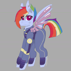Size: 1724x1724 | Tagged: safe, artist:shinyantlers, rainbow dash, pegasus, pony, g4, alternate timeline, amputee, apocalypse dash, artificial wings, augmented, clothes, crystal war timeline, female, gray background, mare, prosthetic limb, prosthetic wing, prosthetics, simple background, smiling, solo, torn ear, wings