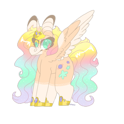 Size: 1963x1963 | Tagged: safe, artist:shinyantlers, oc, oc only, alicorn, pony, alicorn oc, colored wings, female, hoof shoes, horn, mare, multicolored hair, rainbow hair, simple background, smiling, solo, transparent background, two toned wings, wings