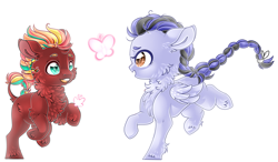 Size: 2401x1400 | Tagged: safe, artist:schokocream, oc, oc only, butterfly, earth pony, pegasus, pony, braid, chest fluff, ear fluff, earth pony oc, pegasus oc, rearing, simple background, smiling, white background, wings