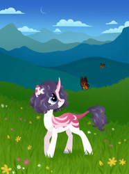 Size: 1920x2583 | Tagged: safe, artist:kabuvee, oc, oc only, butterfly, pony, unicorn, cloud, female, flower, grass, mare, moon, mountain, scenery, sky, solo